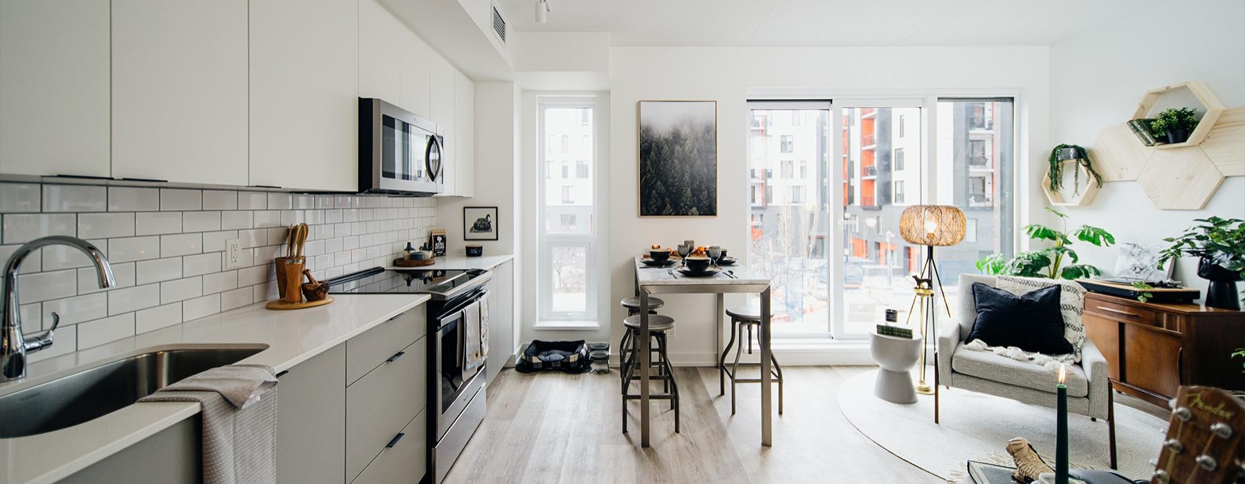 a kitchen with a wood floor
